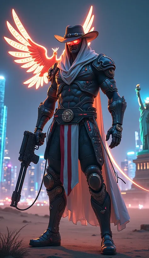 A massive, tech-infused cowboy/samurai hybrid with a glowing metallic eagle perched on their shoulder. They stand against a cybernetic cityscape featuring glowing skyscrapers, a high-tech Statue of Liberty, and neon-lit deserts. Their armor is designed wit...