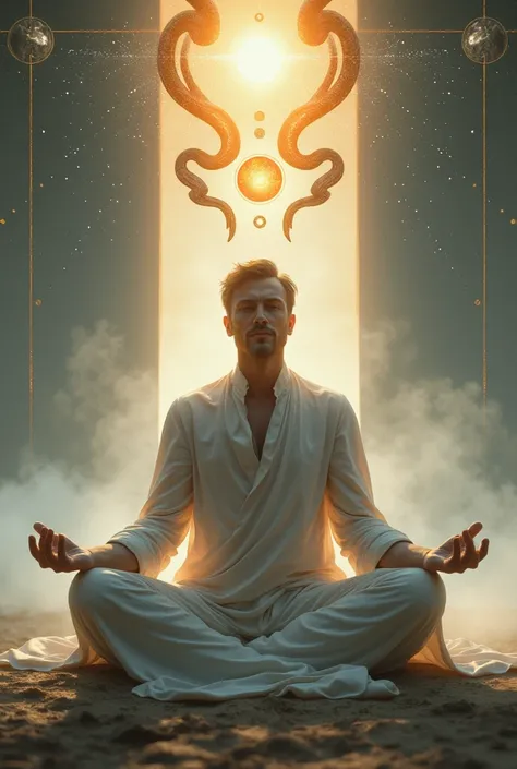 Man seated lotus position Kudaline two snakes Sun and Moon chakras 4 elements 