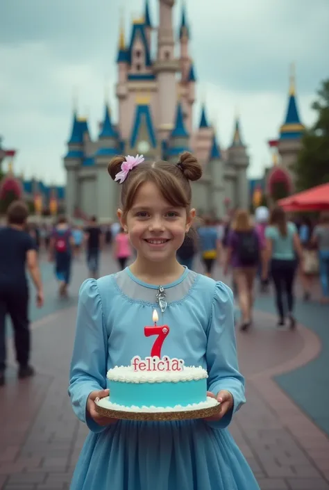 a cinematic photo of a  girl wearing a blue dress wearing blue shoes, standing while holding a birthday cake, there is a candle number 7 and the words "happy birthday felicia" on the birthday cake, Disney land background, face look to the camera