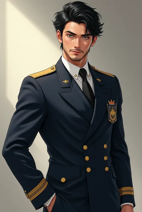 Young man of 21 years old with black hair, greyish blue eyes and with muscles in the realistic Salvatore school uniform with a light beard freshly made 