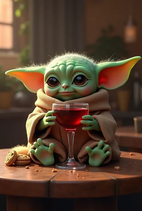 Baby Yoda drinks a wine
