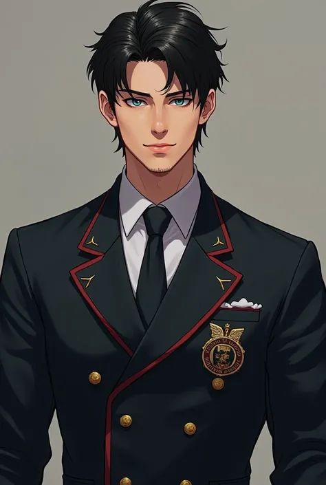 Young man of 21 years old with black hair, greyish blue eyes and with muscles in the realistic Salvatore school uniform with a light beard freshly made 