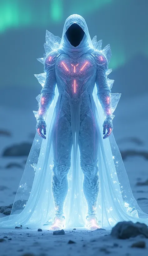 A mysterious, towering figure encased in crystalline cybernetic armor that reflects neon lights like an icy prism. They stand amidst a barren, glowing tundra with holographic icebergs and auroras illuminating the blurred background. Their features are mini...