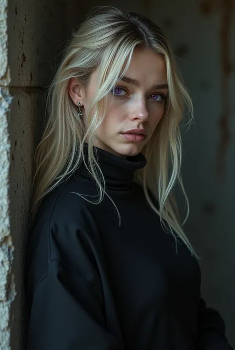 une femme blonde avec de long cheveux blonds et bouclés qui lui descendent sur la poitrine. elle a les yeux mauve et portent des vetements noirs. cest une emo