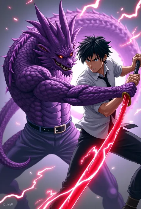 Draw me anime 2 men are fighting man on the right using white shirt black tie black hair colored black eyes colored mera pants are black and holding electric red sword
Then on the left is a dragon tattoo all over his body which is purple and has a tail lik...