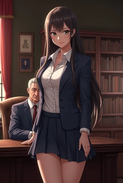  Student in sexy school uniform , in the principals office .  The girl is 18 and the principal is 65. The student smiles 
