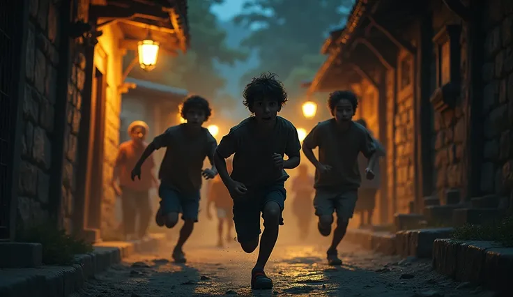 Boys Running Away
The three boys running through a narrow village street, looking panicked. Behind them, villagers are chasing with lanterns, shouting.