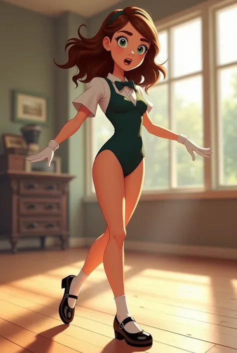 Surprised long-haired, wavy-haired brunette college student in a leotard, bow tie, white gloves, and shiny black mary jane tap shoes practicing tap dancing in a studio