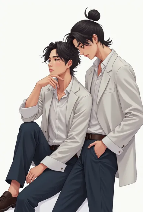 Drawing( , handsome men with a posture hugging their waist, a small man in his 20s looks good, has a posture in a sitting position )(No mustache)(Double hair )(white)Asian people(Two people)