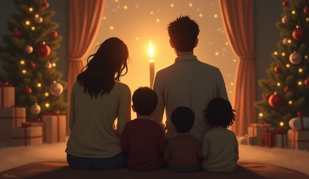 Emotional image of a family with their backs and in the foreground of a burning candle against a diffuse Christmas background,  with warm tones .