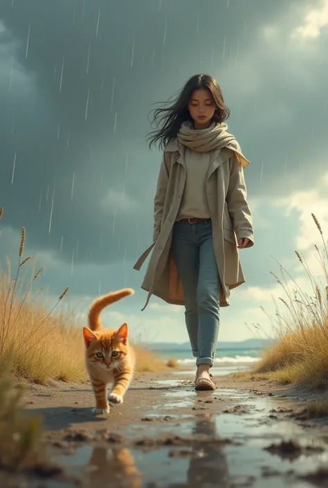 The storm clears. young woman looks exhausted. tiny orange kitten jumps out of her scarf and sniffs the ground, excitedly running ahead