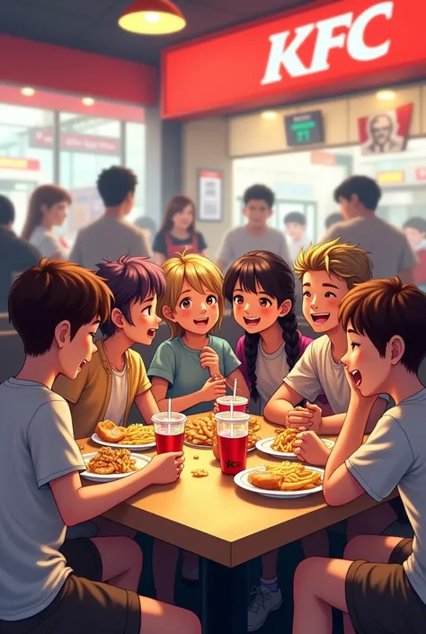 Create me a group image of 5 boys and 4 girls at KFC i tell u 5 boys and 4 girls 