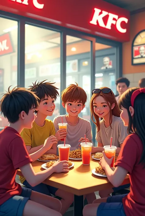 Create me a group image of 5 boys and 4 girls at KFC i tell u 5 boys and 4 girls 