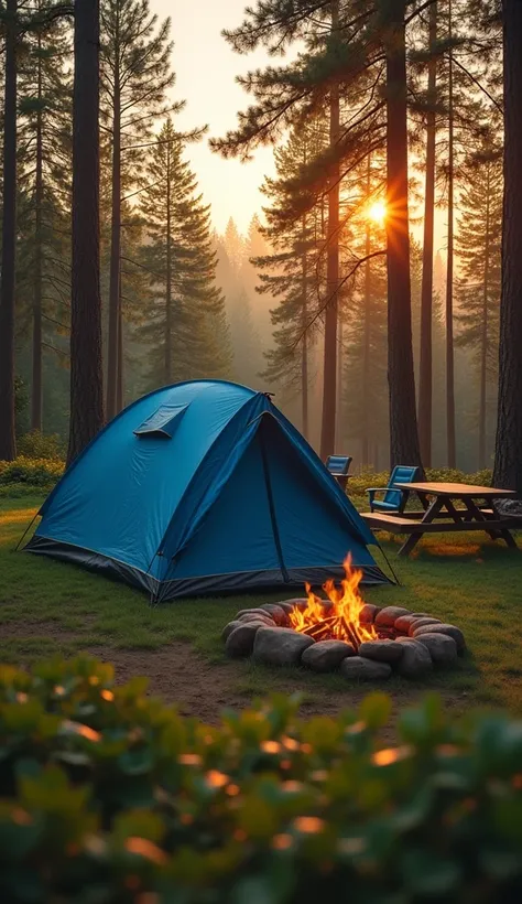 The image shows a blue tent sitting in the middle of a forest. The tent is set up on a grassy area with a fire pit in front of it. The fire pit is surrounded by trees and there are a few camping chairs and a picnic table nearby. The sky is orange and the s...