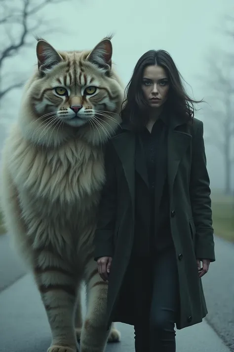 Mystery womans face walks alongside giant angora cat wearing black casual clothes 