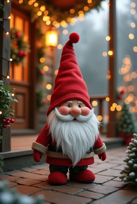 Show me a Christmas gnomo doll, freckles and a red hat, house porch with garden fence. with lights, at night at Christmas