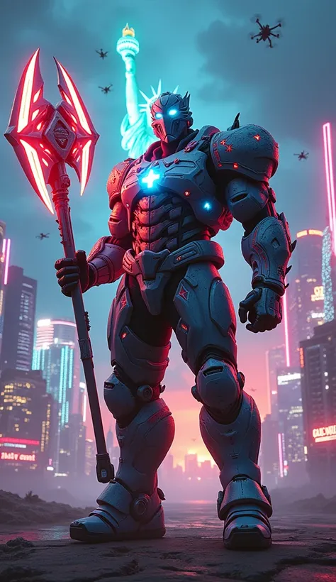 A massive, futuristic hero stands confidently in a front-facing pose, gripping a glowing, dual-energy battle-axe shaped like an eagle’s wingspan. The axe pulsates with red, white, and blue neon accents, symbolizing the region’s spirit. Their armor blends c...