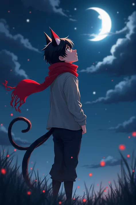 Anime man looking up at the moon. Man have cat ears, tail, claws, fangs, red scarf, and long hair with red in the end