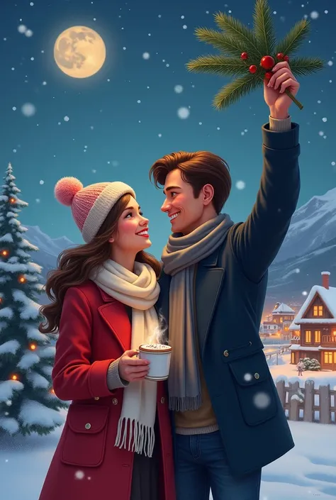  I need a cover with a snowy winter landscape with a night sky full of bright stars and a big full moon. On the horizon,  there is a small town illuminated with warm lights .  A young woman in a red coat , white scarf and wool hat ,  holding a cup of hot c...