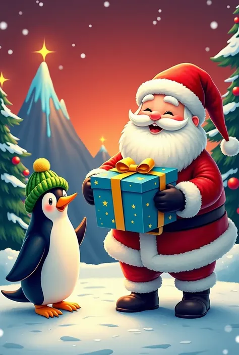 I want a cute smiling Santa Claus holding a blue gift box decorated with yellow stars ,  and making a gesture of handing it over to a baby penguin with a very cute green cap on his head standing with open arms and with balance in one leg the other raised ,...