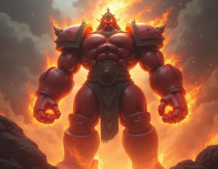  Korean god of war with a height of three meters, iron arms and legs , red face,  and flames sprouting from his eyes .