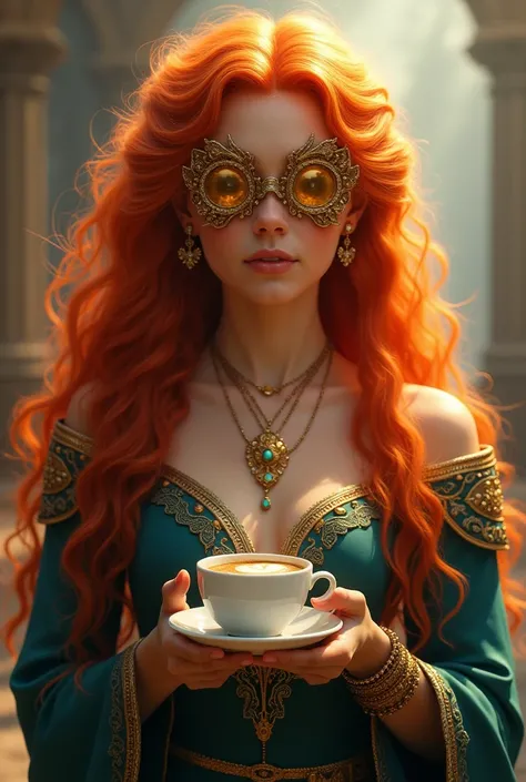 Princess Mérida with blonde hair wearing gold lenses drinking coffee
