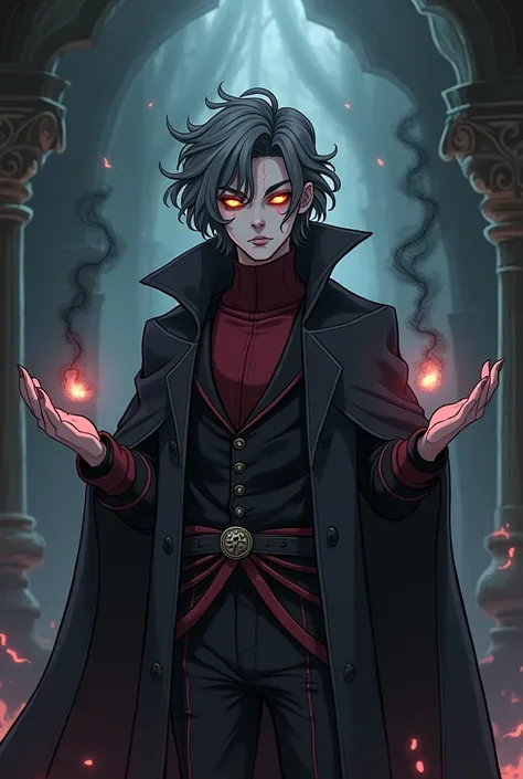 cartoon style,vintage,90s,HQ cover  ,  In a dark and corrupted version of a handsome and charming young man inspired by a sensual wizard lord .  The character undergoes a mysterious and sinister transformation :  his hair becomes darker gray , his hair def...