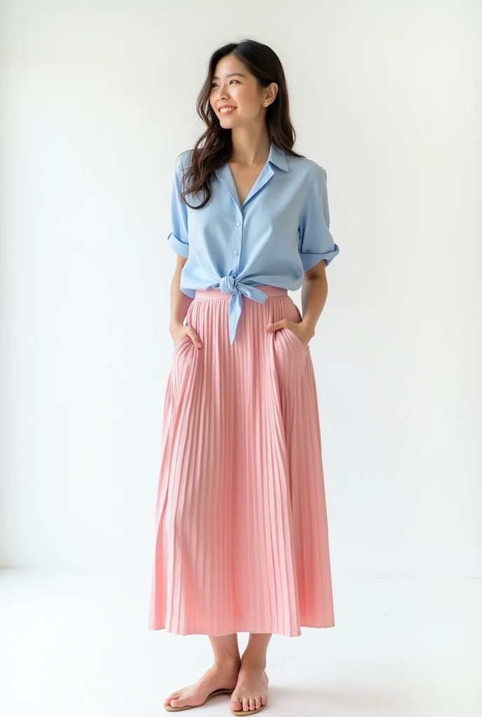 a light blue shirt with a pink pleated skirt for a medium size woman posing on a white background 