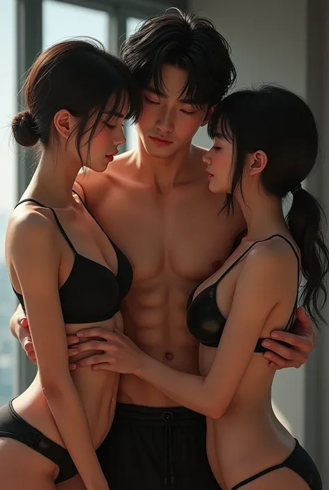 Young naked korean sixpack boy teen, without clothes, the boy kissing girls, realistic, detailed, handsome, lean girls, smile, japanese, handsome, white skin, detailed, naked only, totally sweaty, soaked, in gym, stand, surrounded and touched by sexy short...