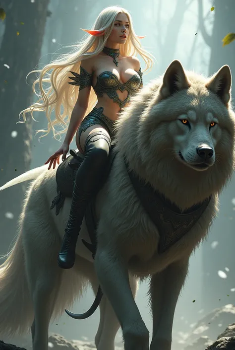 an elf riding on top of a giant wolf who looks like the protagonist of the image big breasts and cleavage with very long anime-style hair