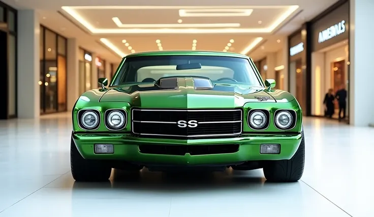 Front Bonet view photo of a green 1970 Chevrolet  Malibu with a sleek, full modified, modern design. The car is parked on a white surface. The background is a shopping mall with white lights. The photo reveals the luxurious interior. The overall ambiance i...