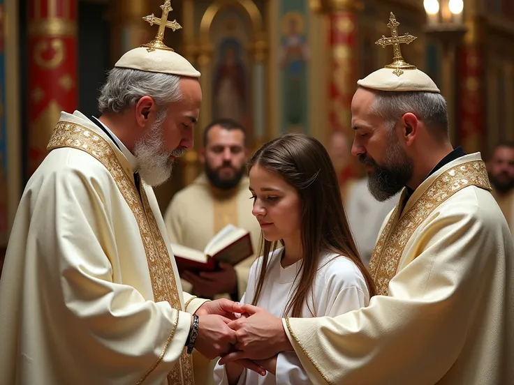 "An Orthodox Christian baptism inside a decorated church with gold and red accents. Two priests wearing something on head in ornate white and gold robes blesses a young woman with wet hair in a white robe . Another clergyman holds a liturgical book, with o...