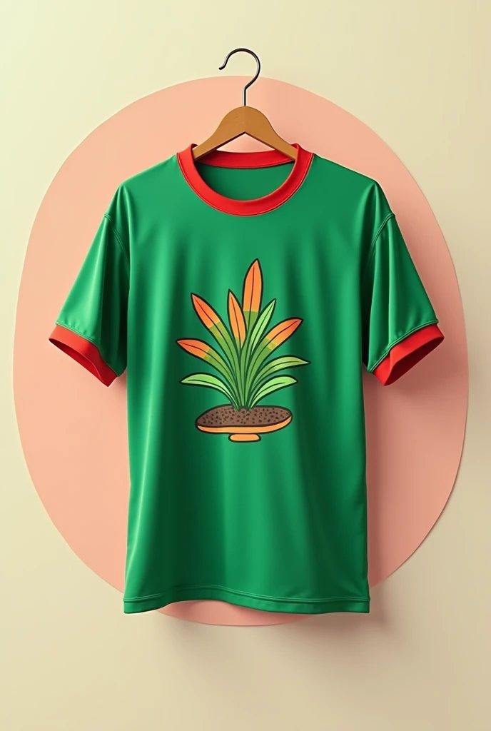 Football shirt in the colors green and red with a plant with a cartoon style in the middle of the chest 