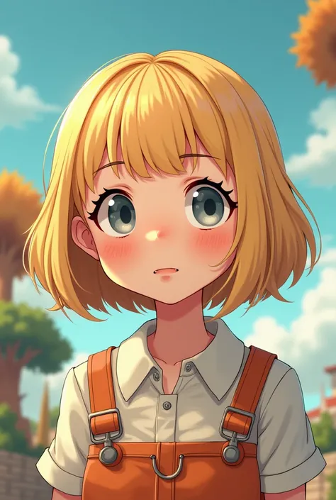 Dirty blonde hair with Bowl cut: A fun and quirky option that has a distinct, retro charm.
gray eyes colour, anime style girl