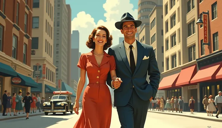 Create an art of posterity from the 1940s about a couple walking happily