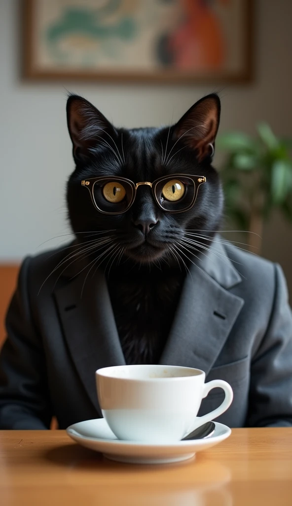 The best wallpaper for mobile, Award Winning Wallpaper,  portrait photograph, in front view,  there is a portrait of a cute black cat ,  drinking coffee,  Sitting at the Table,  wearing space fashion from the mid-20th century in the 1960s,  side view,  tak...