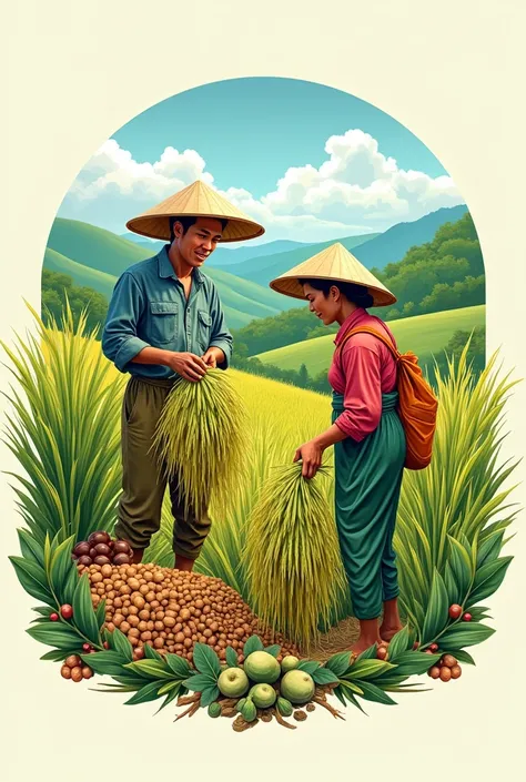 A detailed rice and legumes business logo with the business name  Maokoto and pictures of people harvesting rice