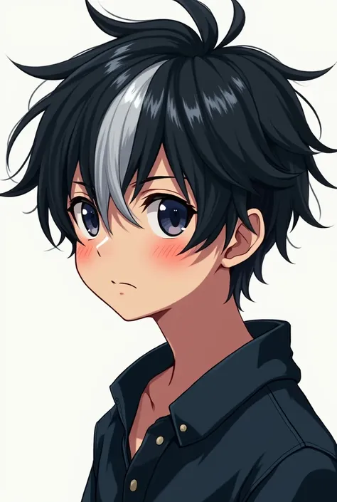 A boy with black hair and one White hair in front , black outfit , anime style