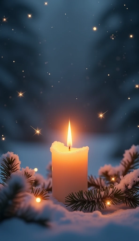  Soft background of a winter night sky with bright stars and small snowy pine branches on the edges.
 A Christmas candle burning in the center , animated with a flickering flame .