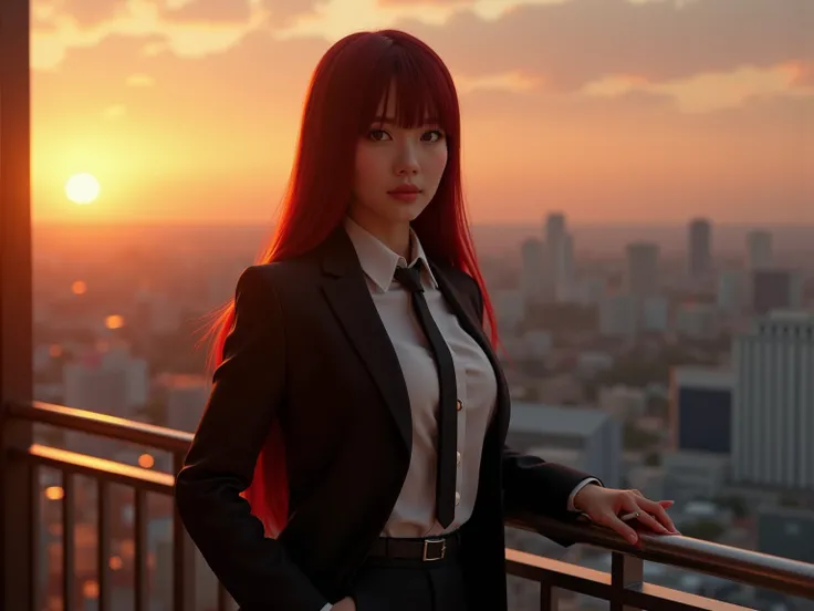 A very youthful-looking Io Shirai in her early-40s with very long straight dark red hair dressed in a tight-fitting white shirt, long black tie, sharp black form-fitting blazer jacket and black suit pants with thin black belt leaning over a hotel balcony w...