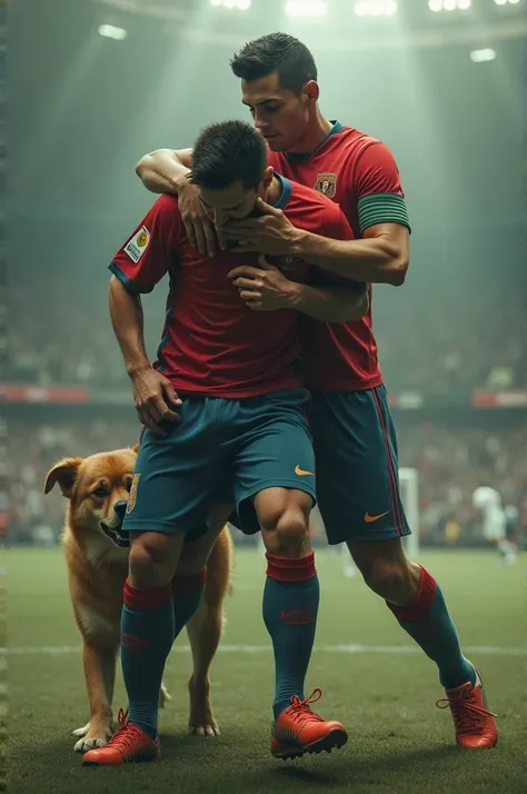 Messi walks like a dog and Cristiano holds him 
