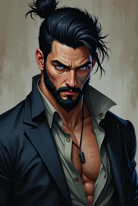 man,Black hair, blue eyes ,Very cold face ,Very handsome ,Black beard, left cheek scar, Full Arm Tattoo,Two-block hairstyle,Doll ,Yakuza,So cool!,Anime