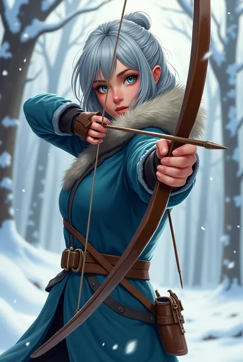  digital illustration of a young woman wearing a thick winter coat and standing posing . Her hair is grey . He posed like he was going to archery something with his bow. colored.