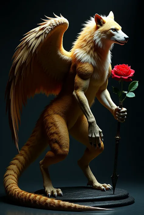 An eagle with a head like a wolf, a tail like a snake, a body like a leopard, a black background, a rose in one hand, and a weapon in the other.