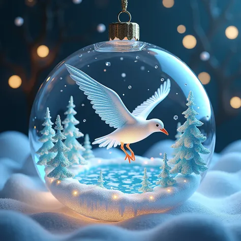 A beautiful Christmas glass toy with an image of a Seagull and an ice lake with snow,  masterpiece fails,  better quality ,  complex , bright colors,  maximum quality ,  Lots of Details , 8 k,