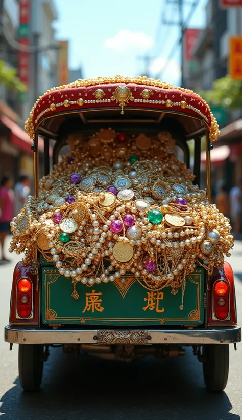  photo this year  ( camera on the ground. Low angle shot) This is a 16k close-up shot of a rear-facing Thai Tuk truck loading.(pearl,Red gem , green gem ,มณีสีน้ำmoney, yellow gem ,diamond,Jewels,ring,money, gold coin ,necklace) loads packed full, overflow...