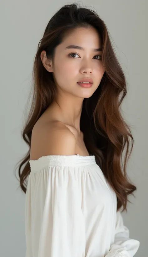 A woman with long brown hair and a white top posing for a picture