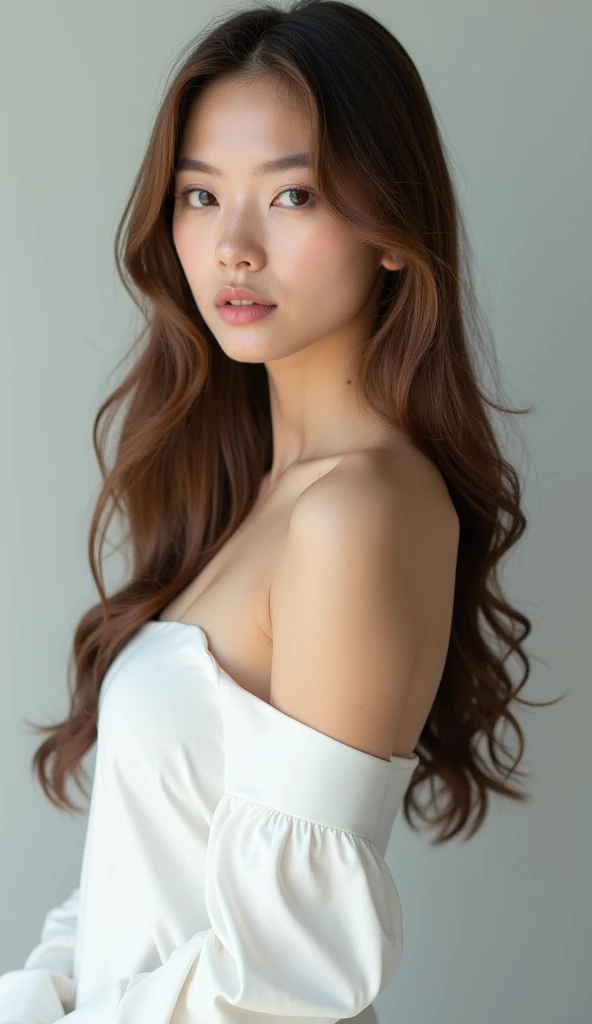 A woman with long brown hair and a white top posing for a picture