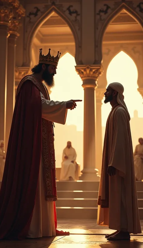  King namrud standing in front of prophet Ibrahim, hand pointing to chest , fierce face,  set location of magnificent palace room , morning, image in zoom , Cinematic