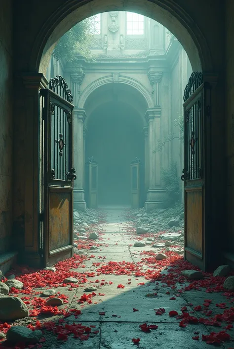 A place destroyed inside 

with broken glass and gates with some colourless flower petals destroyed on the ground